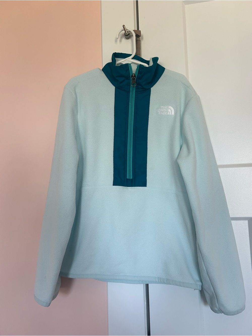 The North Face Kids Light Blue Pullover Fleece with Teal Zip Placket